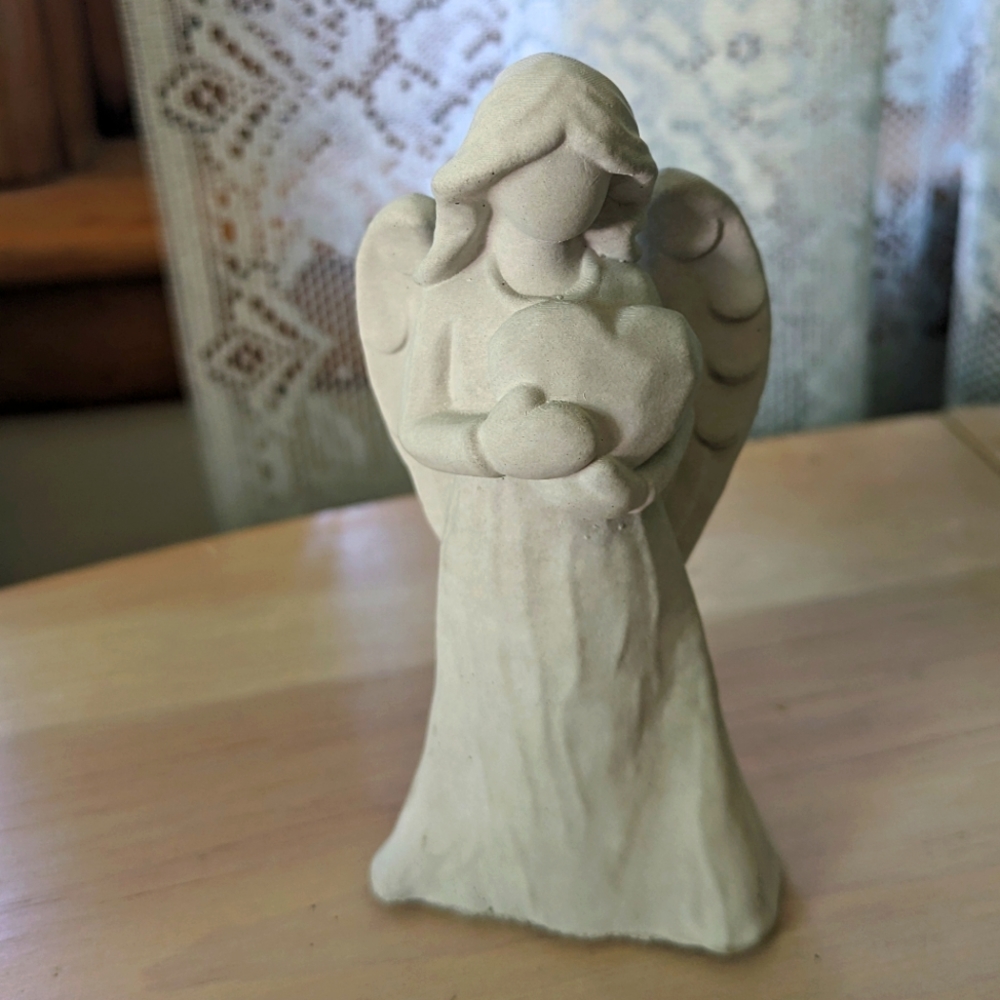 Handmade Cement Angel Holding Heart Figure